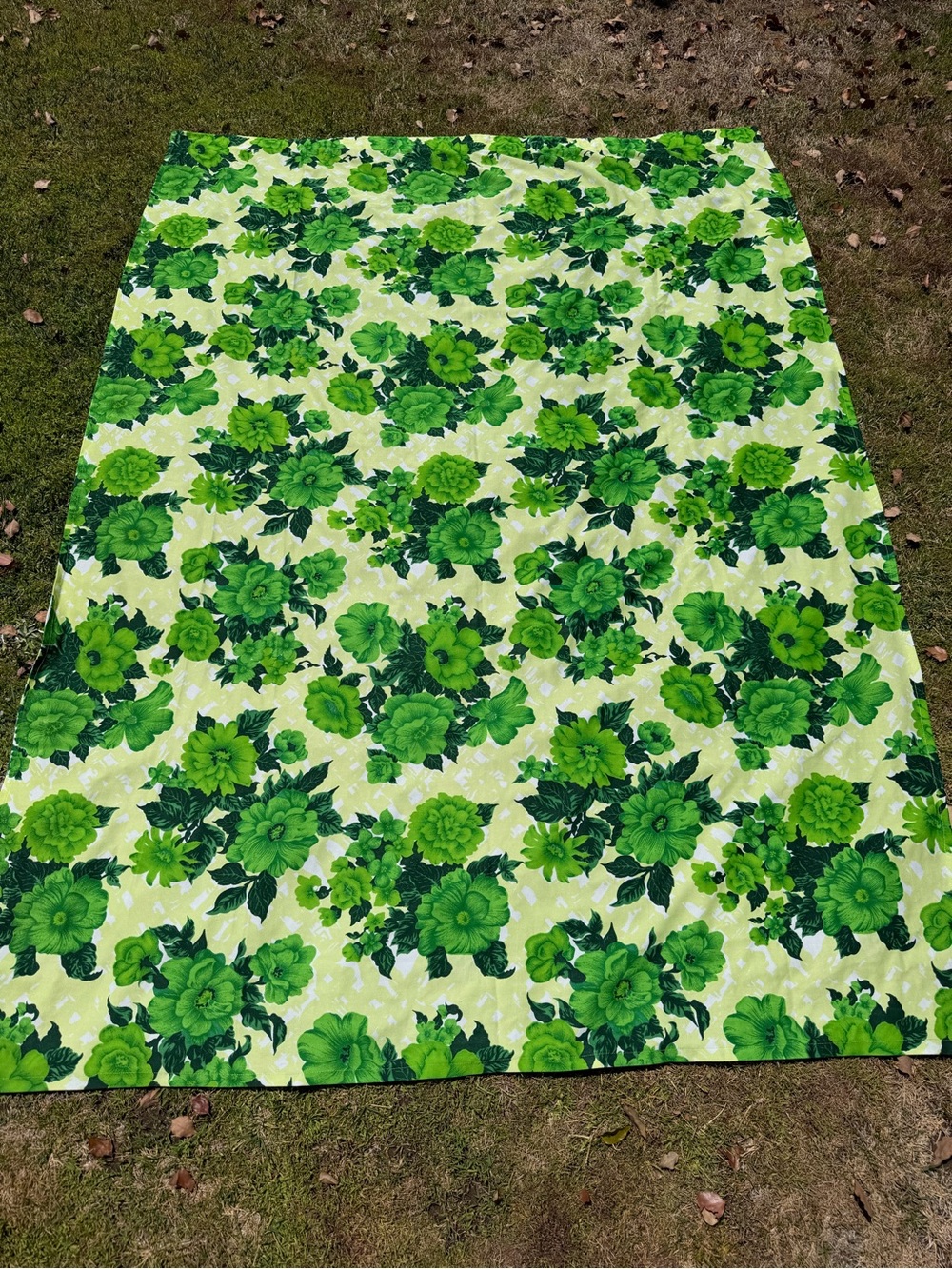 Vintage MCM Retro Floral Handmade Curtain Panel Green Yellow Rod Pocket 52x76